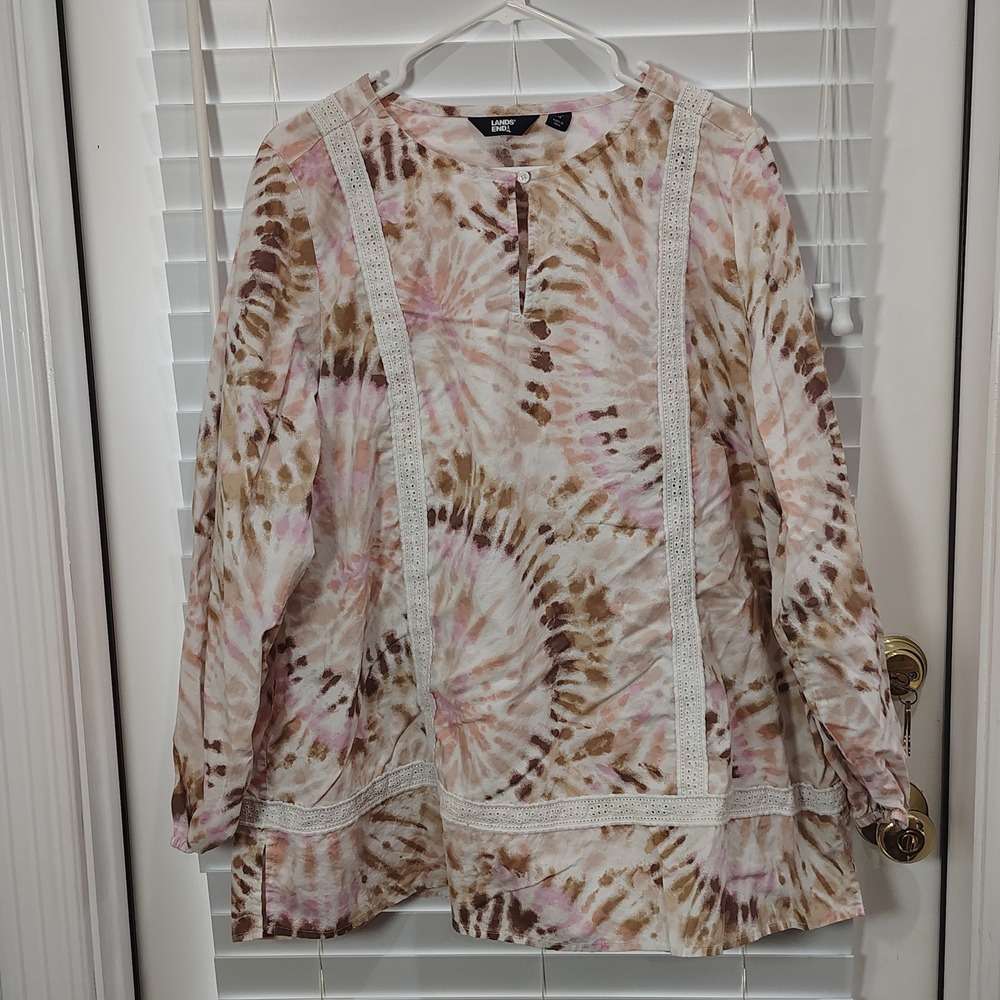 LANDS END Tunic Women XL 18 Pink Brown Tie Dye Lace Trim Boho Peasant Top
